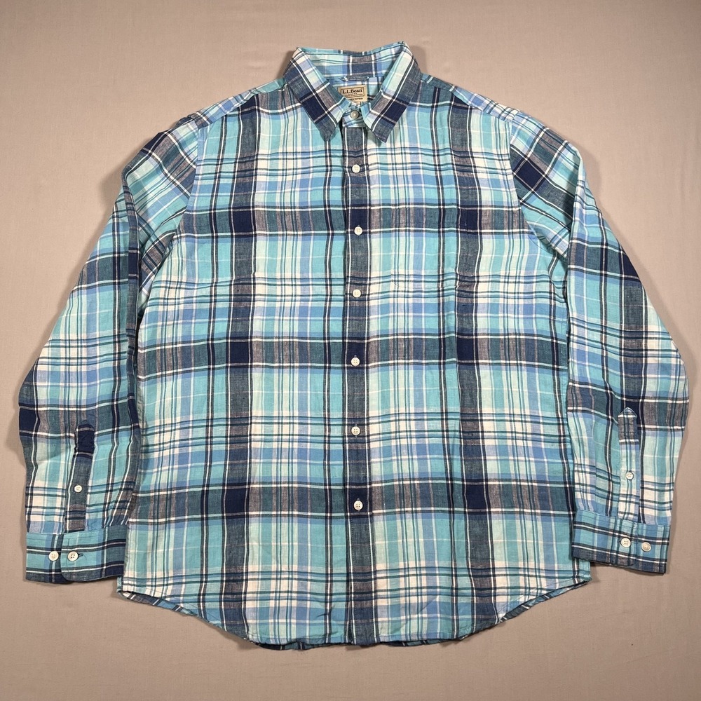 LL Bean Men's L Slightly Fitted Linen Plaid Button Up Shirt‎ Blue Teal